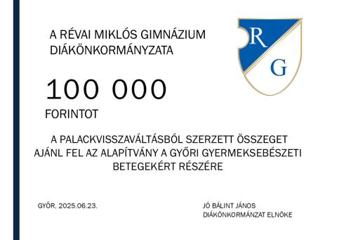 A felajánlott összeg emléklapja